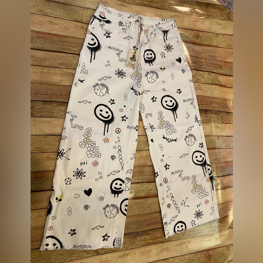 NWT Womens Small Easel Graphic Jeans | Raw Bottom | Unique Festival Pants